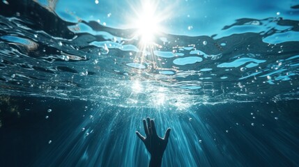 Swimmer Reaching Up in a Clear Blue Pool with Sunlight Streaming Through the Water