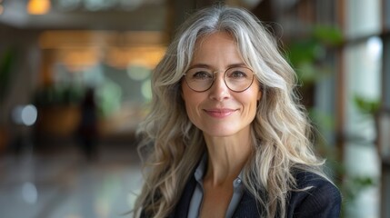 Obraz premium portrait of a confident beautiful middle-aged Caucasian business woman in a business suit looking smiling at the camera while in the office