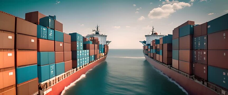 A massive cargo ship with colorful stacks of containers, traveling in the middle of the sparkling blue ocean, under a clear sky with fluffy white clouds