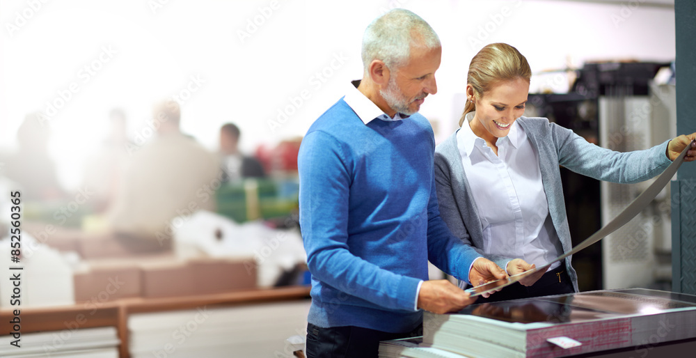 Poster man, woman and printing in factory with inspection, creative manager or designers with teamwork. bus