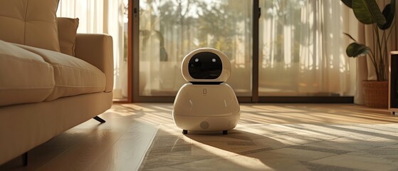 Fototapeta premium full-body android pet robot assisting with household chores, cleaning mode, high-tech features