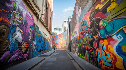 Fototapeta premium graffiti-covered walls in a neglected urban alleyway, with vibrant colors and weathered textures