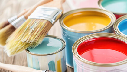 A variety of cans of paint and assorted brushes arranged neatly on a wooden table
