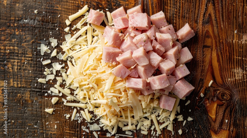 Poster chopped ham surrounded by shredded cheese on a wooden surface