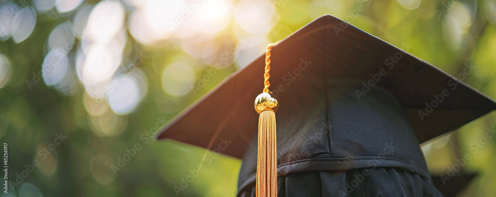 Wall mural black graduation cap with gold tassel on a blurred green backdrop symbolizing the completion of an a - Wall murals