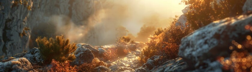 Warm sunlight streaming through rocky canyon with lush vegetation, creating a serene and tranquil natural landscape at dawn. - Powered by Adobe