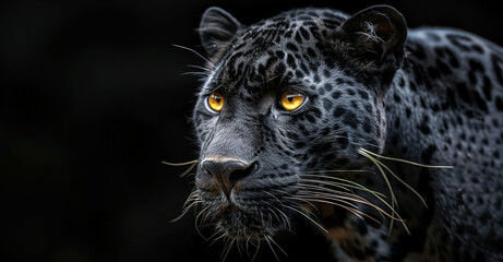 Black leopard with yellow eyes on black background, animal wallpaper