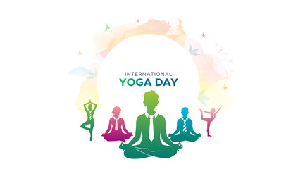 Yoga day activity. Body and health fitness exercise poster banner greeting card design.