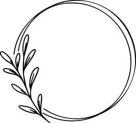 Round floral frame isolated on white background. Border with leaves, wreaths, flower elements. Hand drawn sketch pencil style. 