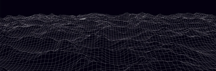 Naklejka premium Wireframe landscape. Futuristic 3d mesh background. Digital hills technology. Vector illustration.