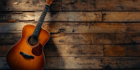 Obraz premium A beautifully composed image of a six-string acoustic guitar resting on rustic wooden planks