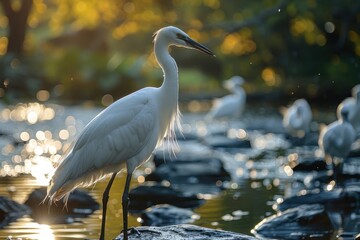 Naklejka premium A bird sanctuary with various species in their natural habitat, showcasing bird conservation efforts.
