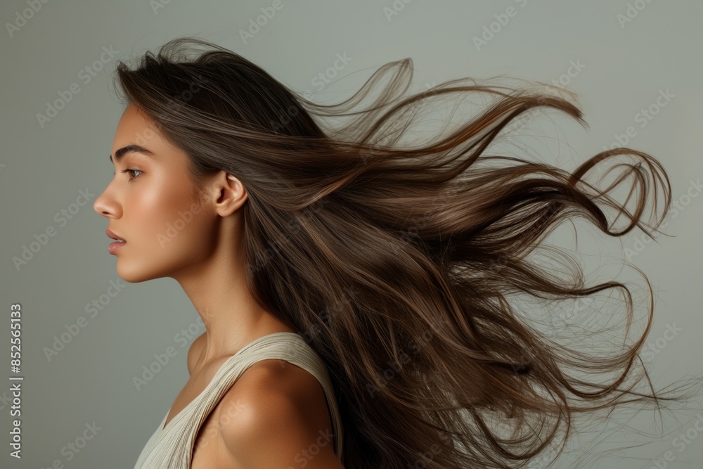 Sticker Brazilian model’s hair flows in the breeze, embodying grace