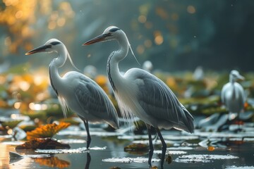 Naklejka premium A bird sanctuary with various species in their natural habitat, showcasing bird conservation efforts.