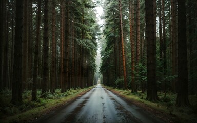 Foggy road in the dark, misty forest at late autumn. Background, illustration concept. The road into the forest in the rainy season