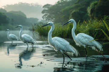 Obraz premium A bird sanctuary with various species in their natural habitat, showcasing bird conservation efforts.