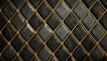 Fototapeta premium The image features a detailed shot of black and gold quilted leather with a textured appearance