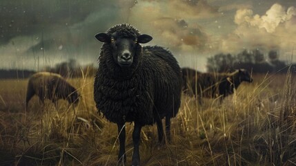 Fototapeta premium Black Sheep Standing in a Field of Tall Grass