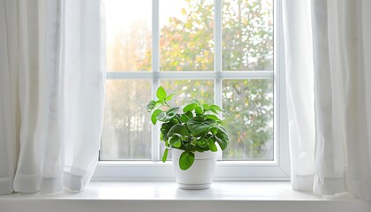 Fototapeta premium A window with white curtains and green plants