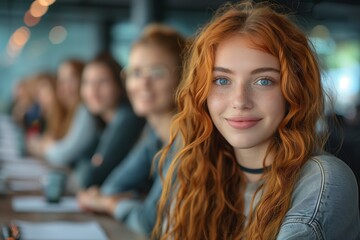 Obraz premium A group of girls are sitting at a table with one girl in the center. She has red hair and is smiling