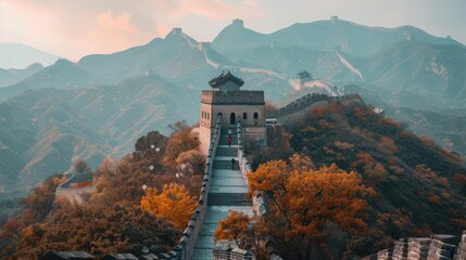the Great Wall of China, ancient fortification, winding structure, historical significance,nice mood on nice background