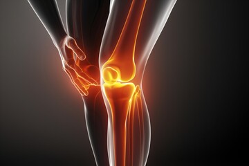 A knee is shown in a black and orange color. The knee is bent and the leg is bent at the knee