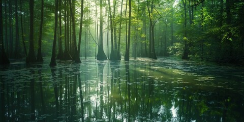 Obraz premium Sunrays penetrate the mist in a swampy forest, creating an ethereal and mysterious atmosphere amidst the water and trees