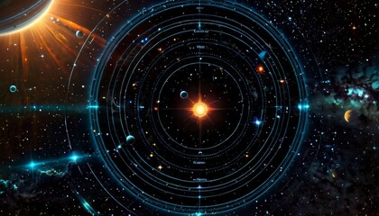 Obraz premium Digital illustration showcasing a futuristic view of the solar system. The image features a central sun with concentric orbits of planets against a star-filled background, conveying a sense of cosmic