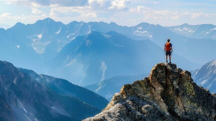 A young man stands on a mountaintop, looking out at the view
