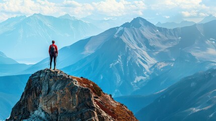 A young man stands on a mountaintop, looking out at the view