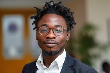 A young man with dreadlocks is wearing glasses and posing for a portrait in an office setting