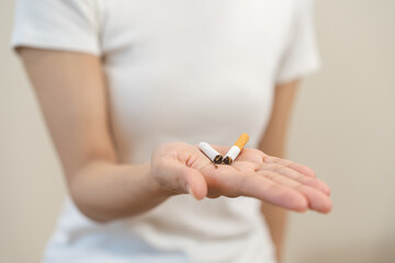 Quit, stop smoking, addiction asian young woman, girl refusing cigarette, smoker quitting smoke,...