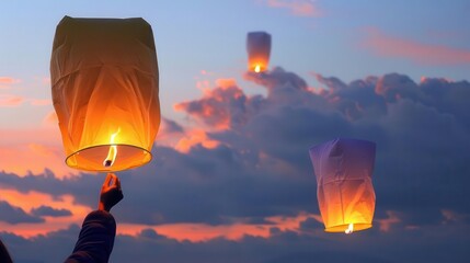 A hand holds a glowing paper lantern against a backdrop of a setting sun and a cloudy sky