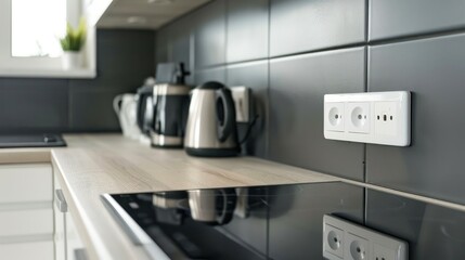 Indoor photo of the white usb 3-bit outlet is pasted on the clean wall of the kitchen, and the electric cooker, electric oven and kettle are placed below. 