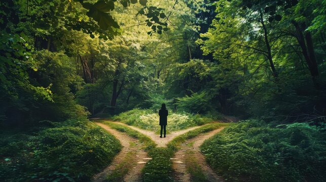 A young woman standing in front of a fork in the road, trying to decide which way to go