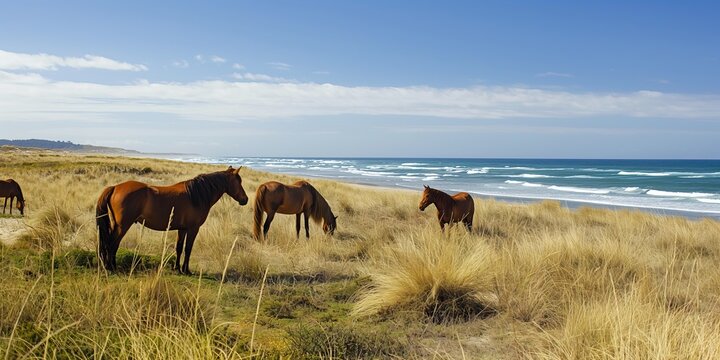 A peaceful tableau of wild horses grazing in coastal grasslands against an ocean backdrop, invoking freedom