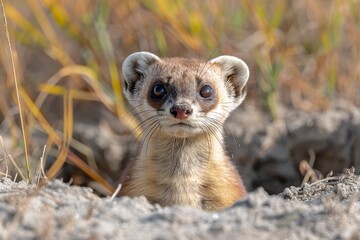 Fototapeta premium A black-footed ferret peeking out from its burrow in a grassy prairie, its slender body and masked face alert and watchful. 