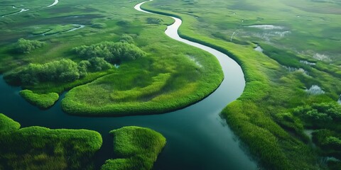 High-resolution image showcasing a winding river amidst vibrant green wetlands