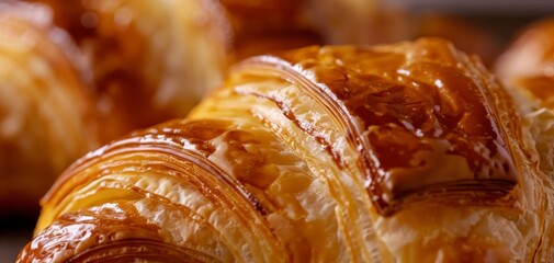 Close-up of a freshly baked croissant with a flaky, golden crust, showcasing the layers and buttery texture, suitable for themes of bakery delights and breakfast treats