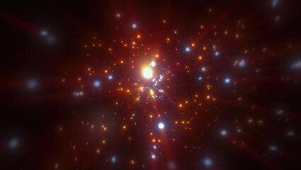 Abstract bright yellow gold glowing background with flying dots circles bokeh energy particles and light rays