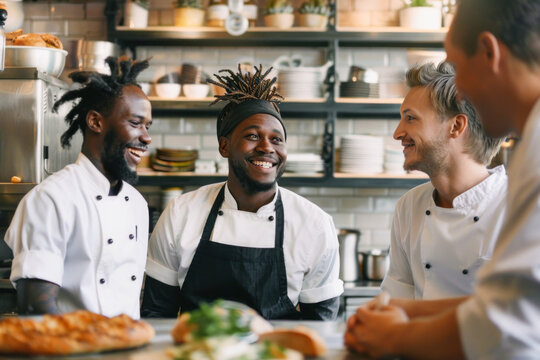 Chefs chatting at a table in a restaurant, wearing their uniforms, discussing cooking and cuisine