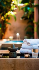 A stack of towels on a stone table next to water, AI