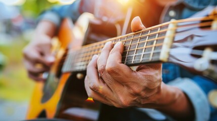 Obraz premium Close-up of a street musician's hands playing a guitar, highlighting the strings and finger movements, perfect for themes of urban culture and live music