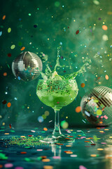 fresh green cocktail with splash in the foreground with confetti and disco ball on the table, green background, party vibe, neon light effect