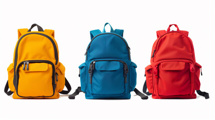 set of School backpack isolated on white background. Different backbacks, back to school theme.