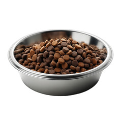 Stainless Steel Bowl Filled with Dry Pet Food on White Background
