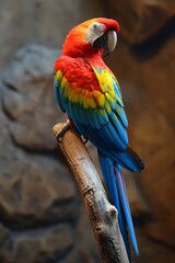 Obraz premium Colorful Parrot: A close-up of a brightly colored parrot perched on a branch, showcasing its vibrant feathers and sharp beak.