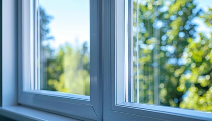 Fototapeta premium Close-up of a well-insulated window with double glazing, highlighting home energy conservation, perfect for themes of energy efficiency and eco-friendly home improvements