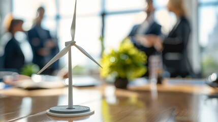 Close-up of a wind farm model on a conference table with businesspeople discussing funding