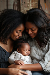 Happy black lesbian couple with newborn baby